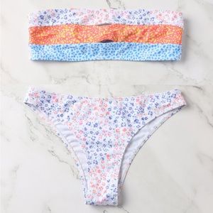 Blue white and orange floral strapless bikini!